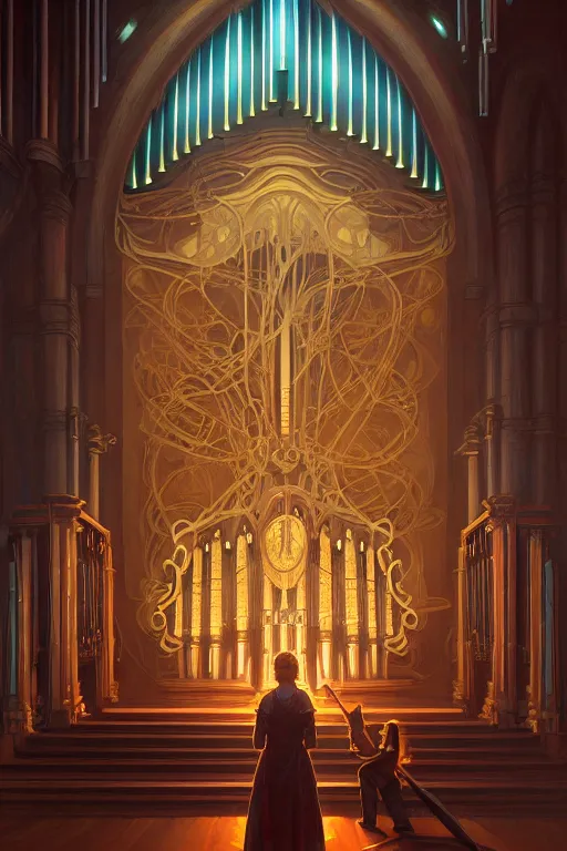Prompt: painting of a pipe organ in front of a dimensional portal, decorated, intricate, dieselpunk, digital painting, artstation, concept art, smooth, sharp focus, illustration, art by artgerm and greg rutkowski and alphonse mucha, 8 k