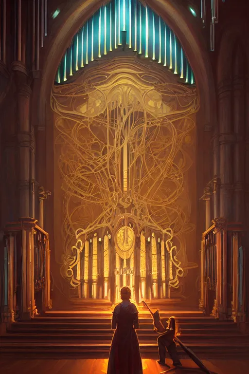 Image similar to painting of a pipe organ in front of a dimensional portal, decorated, intricate, dieselpunk, digital painting, artstation, concept art, smooth, sharp focus, illustration, art by artgerm and greg rutkowski and alphonse mucha, 8 k