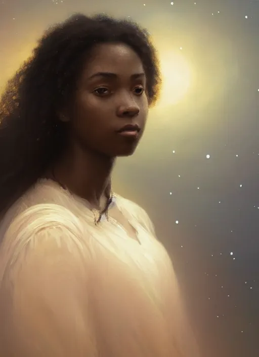 Prompt: oil painting close up portrait of a contemplative young black woman with long flowing hair in a dress made of nebular stardust galaxies, with white roses at sunset, hazy, digital art, chiaroscuro, artstation, cinematic, golden hour, concept art, digital art painting by greg rutkowski, william - adolphe bouguereau, hazy atmosphere, cinematic lighting