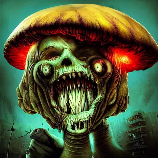 Image similar to Infected mushroom, zombified mushroom with facial features, style of Infected mushroom cover art, monstrocity big mushroom pose, micro lens, infection, epic psycho, pose, enlightment, illumination, epic digital art, HD Quality, Artstation, UHD 4K image