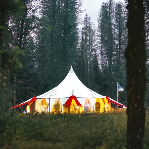 Prompt: « by night in the alps forest, a white and red circus tent enlightened with music notes flying aroud »