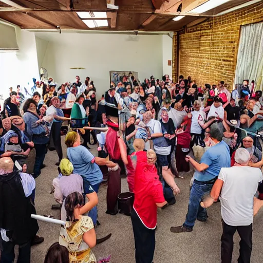 Prompt: people sword fighting at real estate auction, cinematic mid shots, high saturation color, where's wally