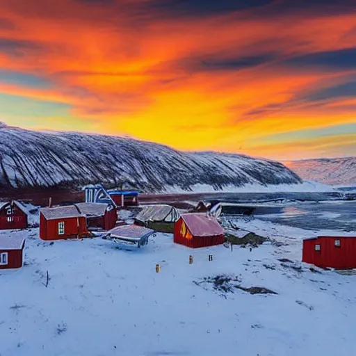 Image similar to overgrown norwegian village at the coast, sunset, arctic, beautiful, kids drawing