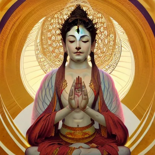 Prompt: intense portrait of the white tara bodhisattva meditating, intricate, elegant, highly detailed, my rendition, digital painting, artstation, concept art, smooth, sharp focus, illustration, art by artgerm and greg rutkowski and alphonse mucha