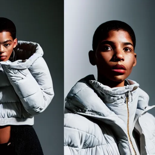 Image similar to realistic! photoshoot for a new balenciaga lookbook, color film photography, portrait of a beautiful woman wearing a puffer jacket, photo in style of tyler mitchell, 35mm