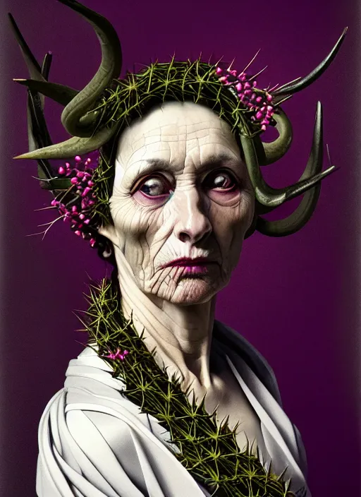 Prompt: portrait of a old year woman with a wreath of thorns a dress of bones and piony horns snake smoke, purple colour scheme, full length, masterpiece, art by caravaggio, artstation