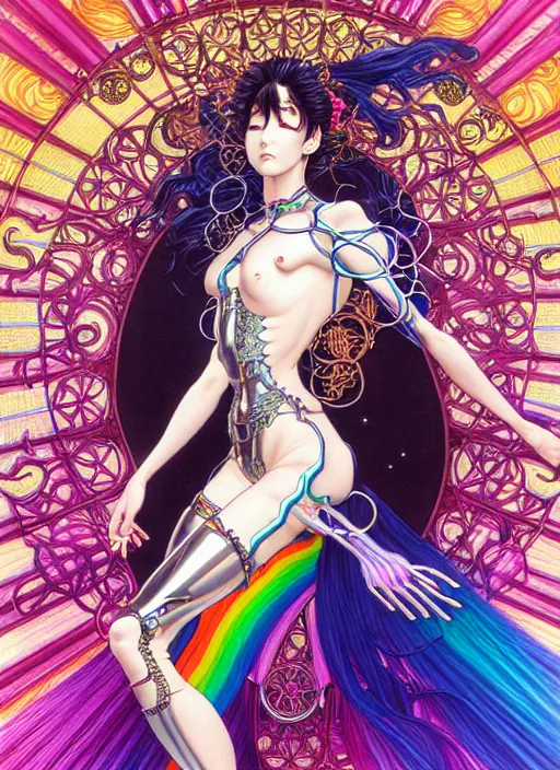 Image similar to highly detailed hajime sorayama terada katsuya artstation manga poster of witch mechine, rainbow gradient reflection bloom, long hair, armor, dress, laces, ruffles, 8 k, maximalist, ayami kojima, alphonse mucha