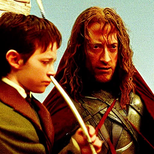 Prompt: movie still of hugh jackman as wilhelm tell and macaulay culkin as his son. scene of tell shooting arrow from the head of his son, in the style of lord of the rings