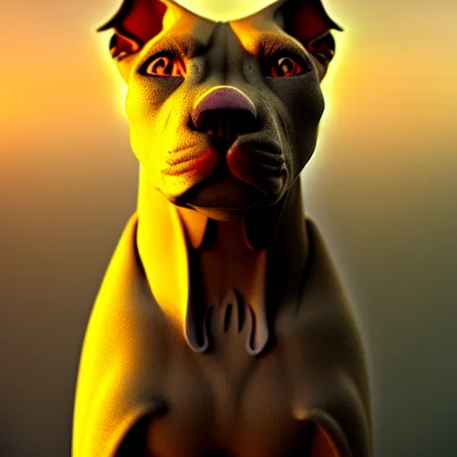 Image similar to Hybrid of a Pitbull and a sphinx cat, beautiful, golden hour, sharp focus, ultra detailed, cgsociety