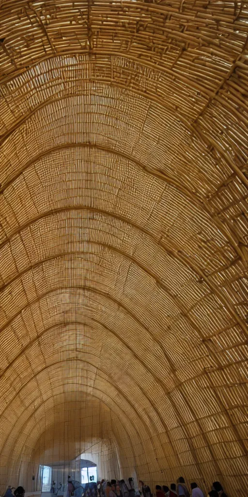 Prompt: inside small pavilion made of bifurcated bamboo. complex curved multi - vaulted structure. a large crowd at a party. bundled columns branching recursively into roof, architectural photography., 4 k, 8 k. volumetric lighting.