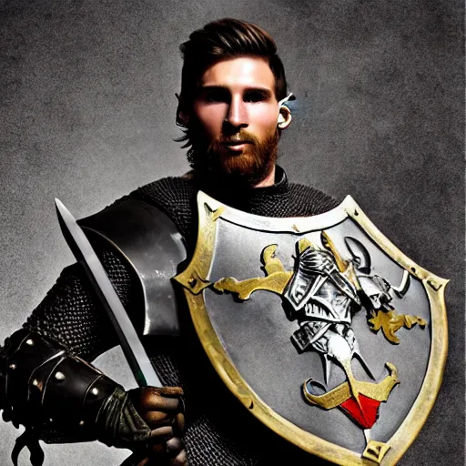 Prompt: medieval fantasy half length d & d portrait photo of leonel messi as a d & d armored fighter with sword and shield, photo by philip - daniel ducasse and yasuhiro wakabayashi and jody rogac and roger deakins