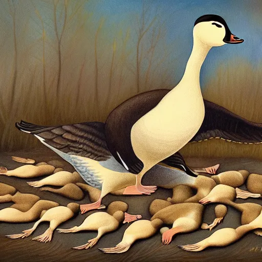 Image similar to a very intricate painting of a singing Canadian goose dancing on top of a pile of corpses, 8k, art station, award winner