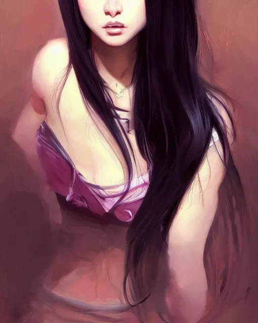 Image similar to portrait of woman cute-fine-face, with long black hair that extends past her waist with locks of hair that frame her face down to her chin and shows off her high forehead, pretty face, realistic shaded Perfect face, fine details. Anime. realistic shaded lighting by Ilya Kuvshinov Giuseppe Dangelico Pino and Michael Garmash and Rob Rey, IAMAG premiere, aaaa achievement collection, elegant freckles, fabulous