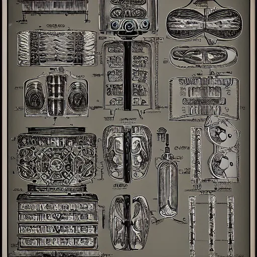 Image similar to schematic blueprint of highly detailed ornate filigreed convoluted ornamented elaborate medical equipment