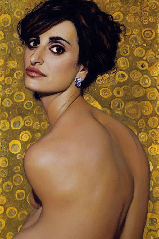 Image similar to oil painting, portrait of penelope cruz, artwork by gustav klimt