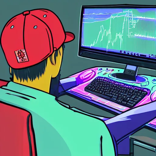 Prompt: a man sitting on his computer with a backwards hat staring at several computer monitors showing crypto trades, colourful, chill, anime asthetic, neon glow, gamer, playstation 2, digital illustration, in style of lofi hip hop