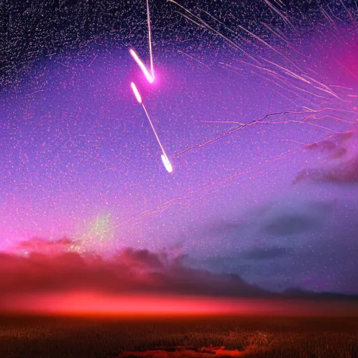 Image similar to A meteor shower illuminating a dark night sky, UFOs are flying around in the atmosphere, highly detailed, digital photo, HDRI, by christopher bretz and kael ngu, vivid colors, high contrast, 8k resolution, intricate, photorealistic, smooth, psychedelic color scheme,