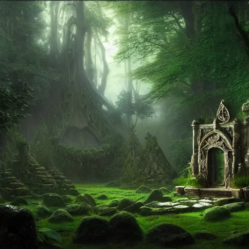 Prompt: a beautiful and highly detailed matte painting of a lost celtic elven temple in a magical fantasy garden in a lush forest, thick mist, psychedelic patterns, epic scale, insanely complex, hyperdetailed, sharp focus, hyperrealism, artstation, cgsociety, 8 k, bright colors, by caspar friedrich, albert bierstadt, james gurney, brian froud,