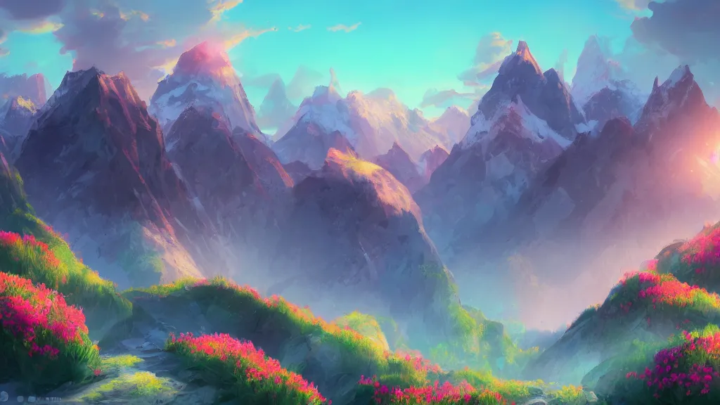 Prompt: a flowery unreal mountain scenery, sunset, cartoon, cute, artstation, digital art.