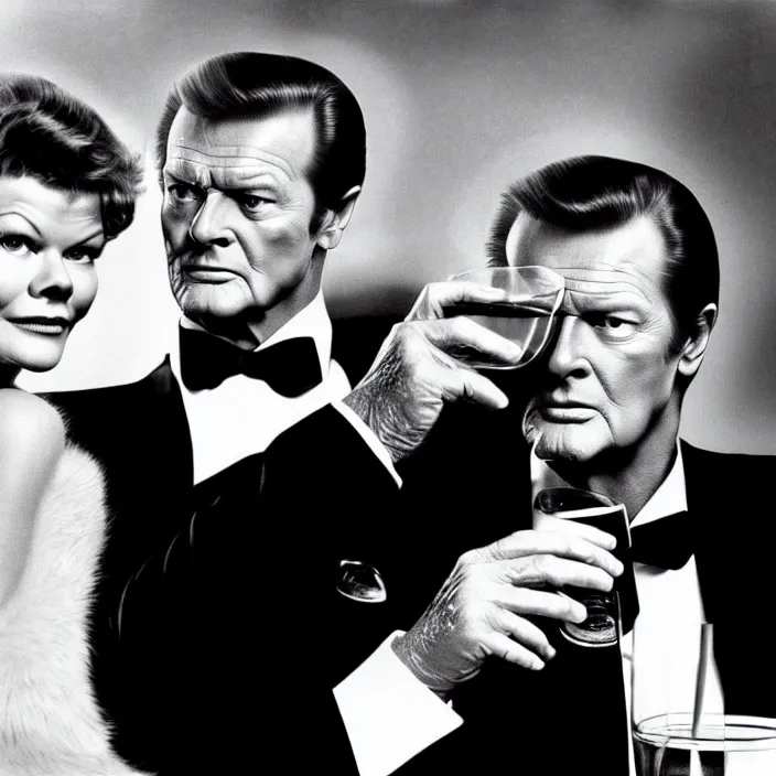 Image similar to hyper realistic, high detail photo of roger moore as james bond drinking martini with judy dench, beautiful, dreary lighting