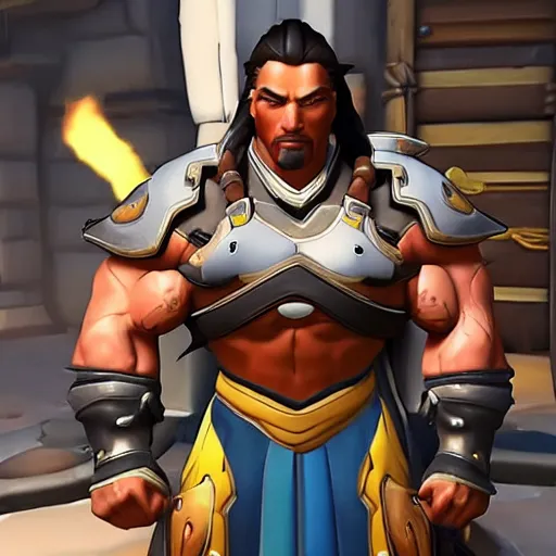 Image similar to a screenshot of arnold schwarzenegger as hanzo in overwatch, full body shot