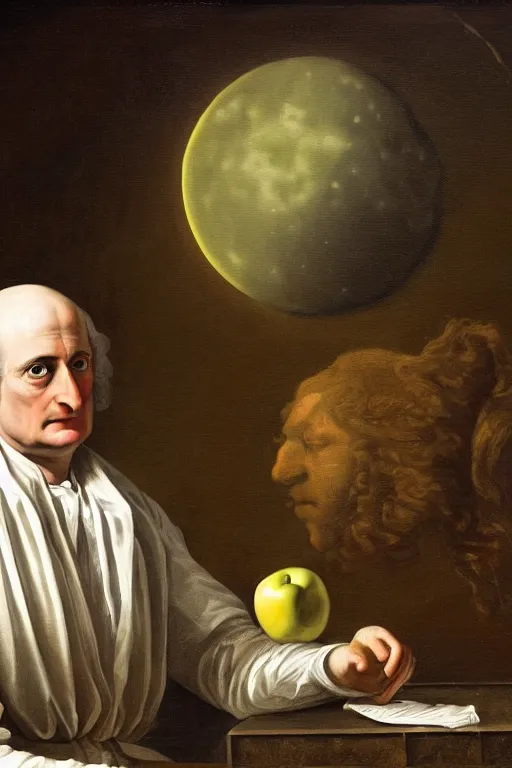 Image similar to Isaac Newton, the apple and the moon, oil on canvas, intricate, 8k highly professionally detailed, HDR, CGsociety