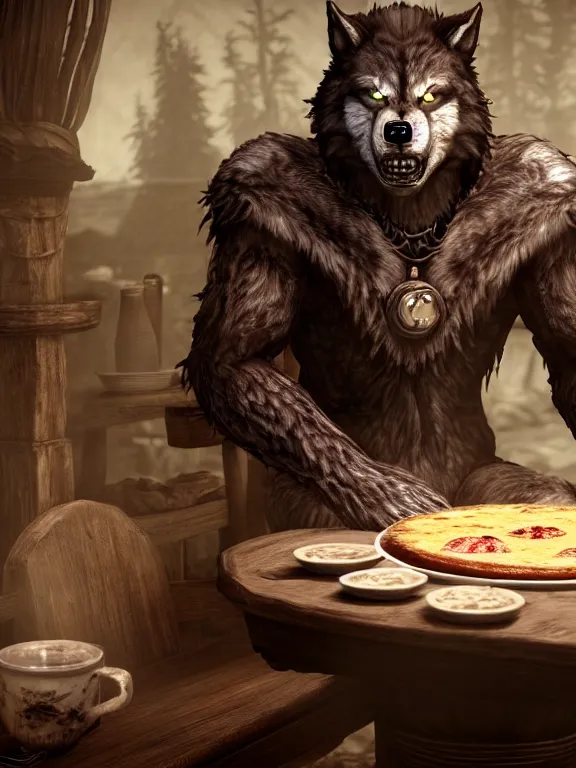 Image similar to cute handsome cuddly burly surly relaxed calm timid werewolf from van helsing sitting down at the breakfast table in the kitchen of a normal country home cooking having fun lighthearted whimsy whimsical baking strawberry tart cakes unreal engine hyperreallistic render 8k character concept art masterpiece screenshot from the video game the Elder Scrolls V: Skyrim