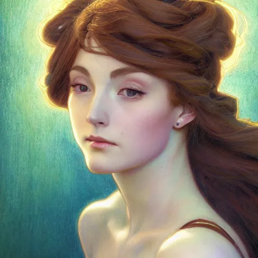 Prompt: Masterpiece head and shoulders portrait of Caitlyn from League of Legends of Arcane animated Series drawn by Donato Giancola and Makoto Shinkai, Edmund Leighton, Alphonse Mucha, background by James Jean and Gustav Klimt, 4k, porcelain skin, volumetric lighting, komorebi, french nouveau, trending on artstation, octane render, hyperrealistic