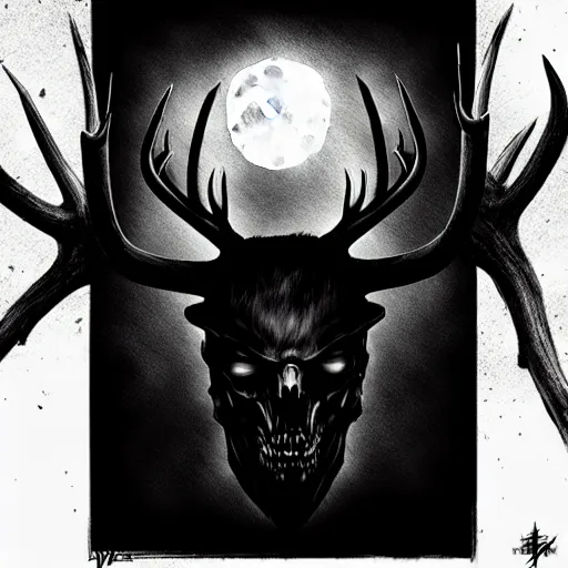 Image similar to in the style of artgerm, steve niles, rafael albuquerque, wendigo in the forest emerging from the shadows, deer skull face, antlers, fog, full moon, moody lighting, horror scary terror