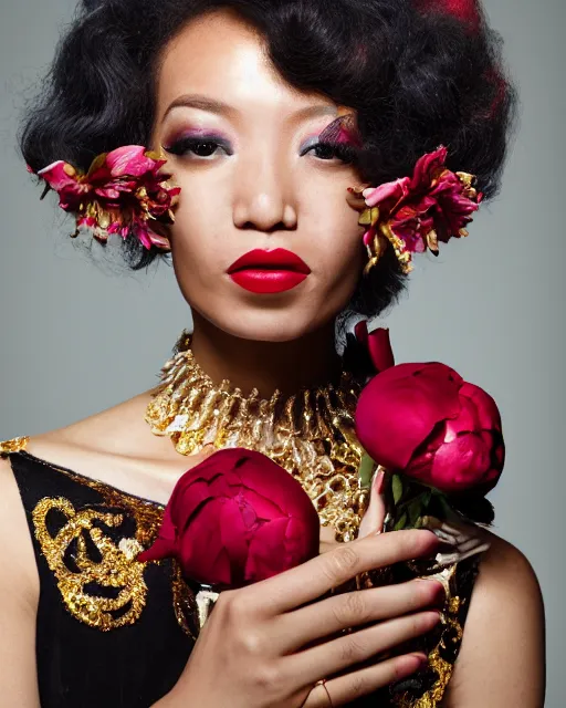 Prompt: Portrait of a European woman, black, close-up, high sharpness, zeiss lens, fashion photo shoot, peony flowers, red hair, red lipstick, in the background of gold, they have rhinestones on their face, Edward Buba, Annie Leibovitz and Steve McCurry, Leslie Zhang, David Lazar, Jimmy Nelsson, Eiko Hosoe, artistic, hyperrealistic, beautiful face, octane rendering