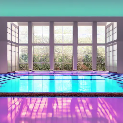 Image similar to a sunlit indoor lounge area with a pool with clear water and another pool with translucent pastel pink water, next to a big window, digital art