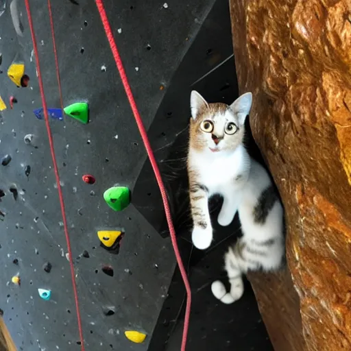 Image similar to photo of a cat rock climbing in a rock climbing gym