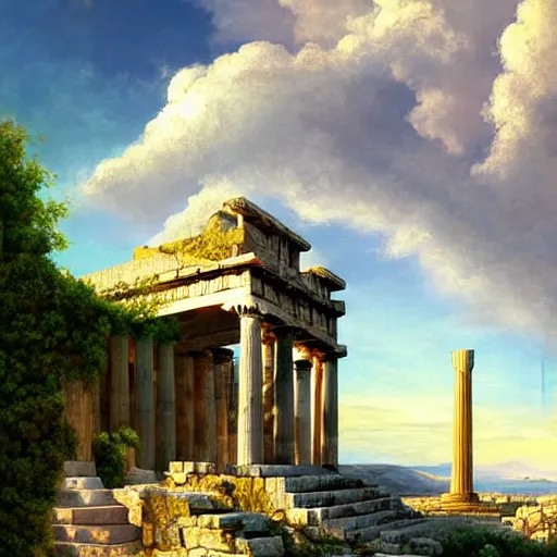 Image similar to beatiful Athena godess looking from a giant Zeus head, greek temple of olympus glory island little wood bridge painting of tower ivy plant in marble late afternoon light, wispy clouds in a blue sky, by frank lloyd wright and greg rutkowski and ruan jia