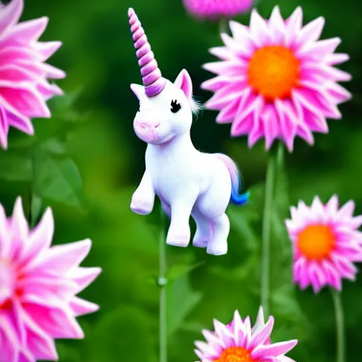 Image similar to very cute and tiny unicorn cat on Dahlia flower flying, pink cloudy in blue sky background, pixar style, cinematic lightning, award winning creature photography