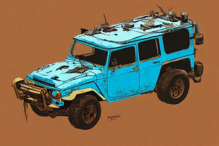 Image similar to digital illustration of a faded cyan mad max's fj 4 0 decrepit!!!! pursuit special, rusty!!! nissan fj cruiser heavily modded 1 9 9 0 s, the last v 8 interceptor by makoto shinkai, ilya kuvshinov, lois van baarle, rossdraws, basquiat