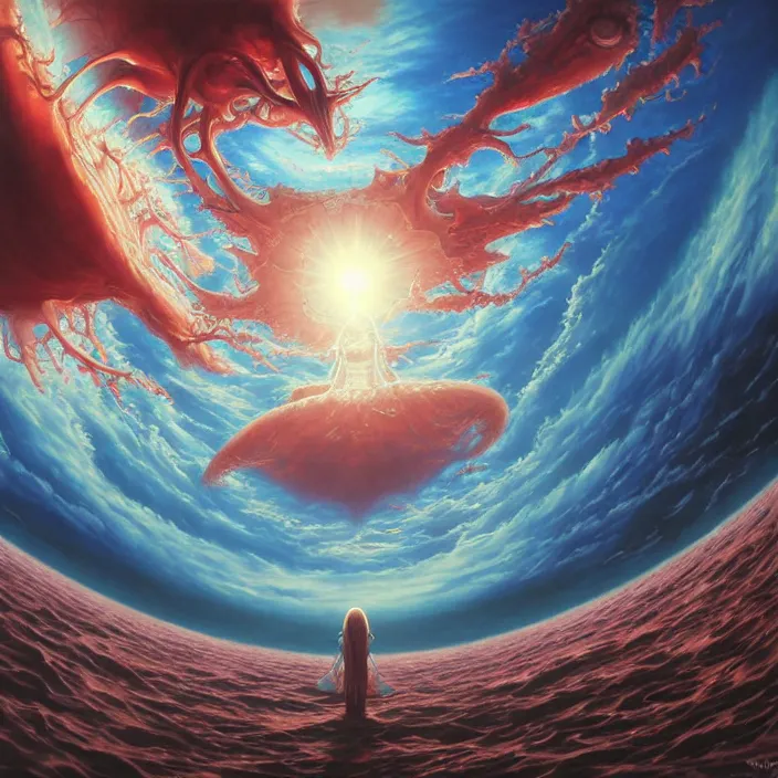 Image similar to Mayer Re-l, official anime key media, close up of Iwakura Lain, LSD Dream Emulator, paranoiascape ps1, official anime key media, painting by Vladimir Volegov, beksinski and dan mumford, giygas, technological rings, johfra bosschart, Leviathan awakening from Japan in a Radially Symmetric Alien Megastructure turbulent bismuth glitchart, Atmospheric Cinematic Environmental & Architectural Design Concept Art by Tom Bagshaw Jana Schirmer Jared Exposure to Cyannic Energy, Darksouls Concept art by Finnian Macmanus