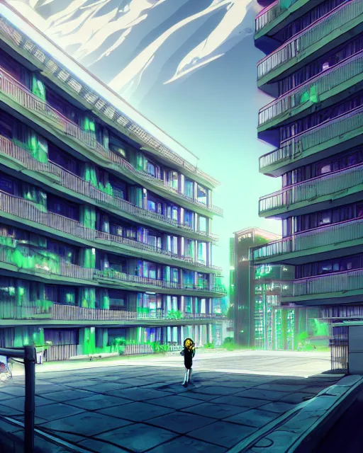 Prompt: a beautiful photorealistic illustration of unfinished building parking garage building architecture city by banksy, tron neptune vice city lake at spring anime, archdaily, wallpaper, highly detailed, trending on artstation.