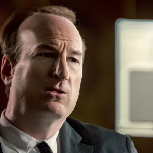 Image similar to Movie still of Bob Odenkirk playing Alex Jones shouting angrily during a broadcast, cinematic lighting