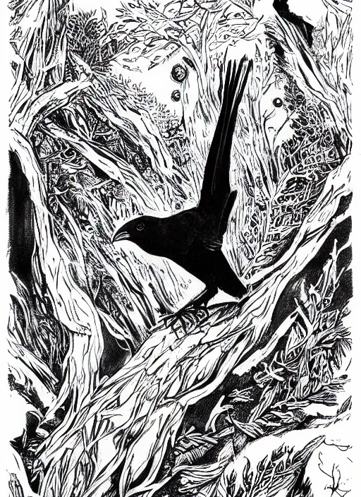 Prompt: raven bird cover art by joseph michael lisner, masterpiece ink illustration,