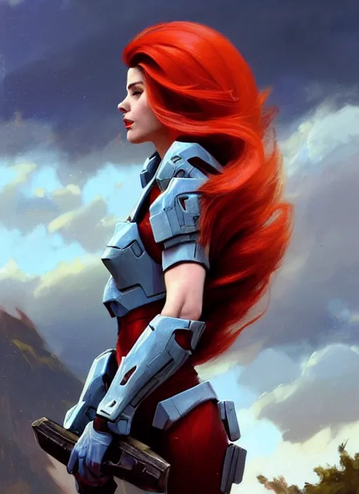 Image similar to A combination of Adriana Dxim's and Grace Kelly's and Ashley Greene's appearances with red hair wearing Forerunner armor from Halo, countryside, calm, fantasy character portrait, dynamic pose, above view, sunny day, thunder clouds in the sky, artwork by Jeremy Lipkin and Giuseppe Dangelico Pino and Michael Garmash and Rob Rey and Greg Manchess and Huang Guangjian, very coherent asymmetrical artwork, sharp edges, perfect face, simple form, 100mm