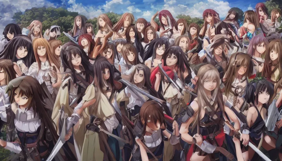 Image similar to jesus christ our lord standing in the front leading an army of cute anime girls into battle, photorealistic, anime, realistic faces, mini skirt, long hair, lightly dressed, renaissance painting, hyper real, detailed, closeup shot, ultra detailed