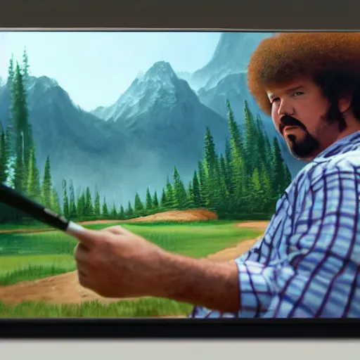 Image similar to a closeup photorealistic photograph of bob ross working on an image of kenny powers autographing a baseball on a canvas. mountains and trees. film still. brightly lit scene. this 4 k hd image is trending on artstation, featured on behance, well - rendered, extra crisp, features intricate detail, epic composition and the style of unreal engine.