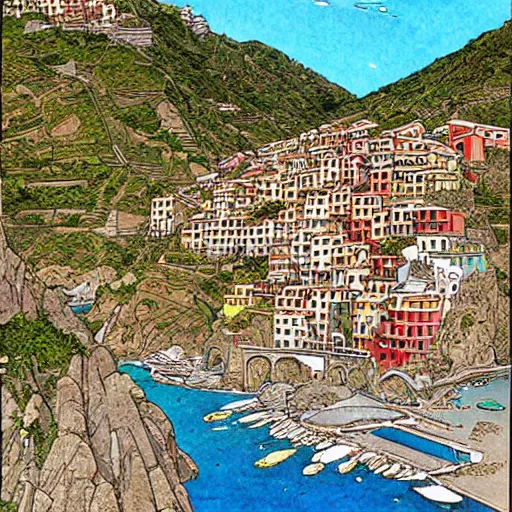 Image similar to illustration, french bande dessinée, final fantasy, mediterranean landscape, quaint village, cinq terre, highly detailed, luminous, by moebius