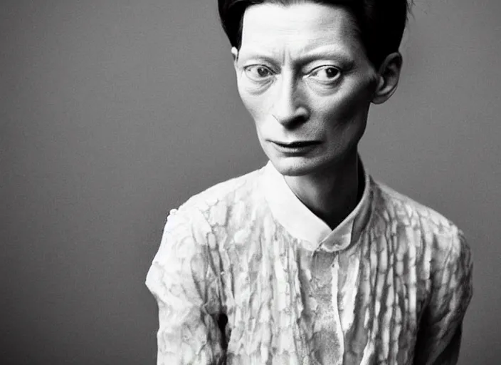 Image similar to professional fine detailed photo portrait of young tilda swinton from makhachkala, dagestan. kid tilda swinton in the postsoviet suburbia, iphone photo, instagram, black and white - - cfg _ scale 7