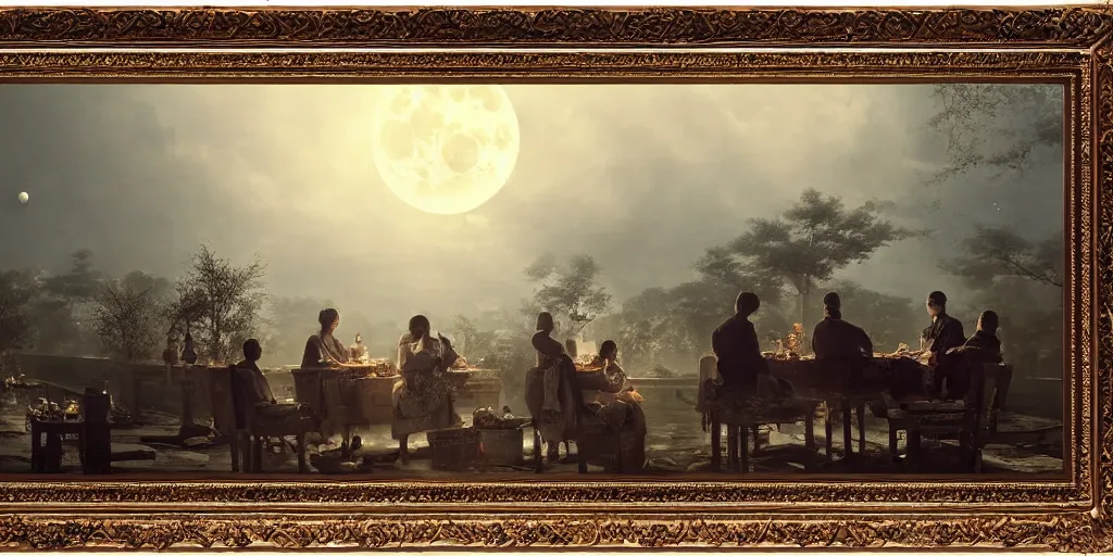 Image similar to an asian outdoor garden, family sitting at dining table center frames, full moon on the sky, the night is late, by andreas achenbach, artgerm, mikko lagerstedt, zack snyder, tokujin yoshioka