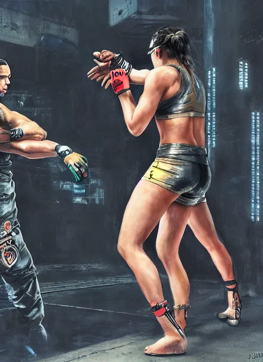 Image similar to ronda rousey vs thug. armbar. cyberpunk mercenary in a cyberpunk jumpsuit ( blade runner 2 0 4 9, cyberpunk 2 0 7 7 ). orientalist portrait by john william waterhouse and james gurney and theodore ralli and nasreddine dinet, oil on canvas. cinematic, hyper realism, realistic proportions, dramatic lighting, high detail 4 k