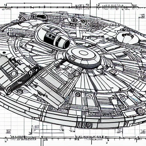 Image similar to technical blueprint of the millenium falcon (star wars), ultra detailed, 8k