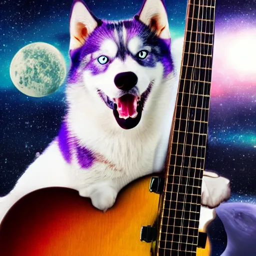 Image similar to Heterochromia Husky with scars holding an electro guitar with the background of a burning skull in space