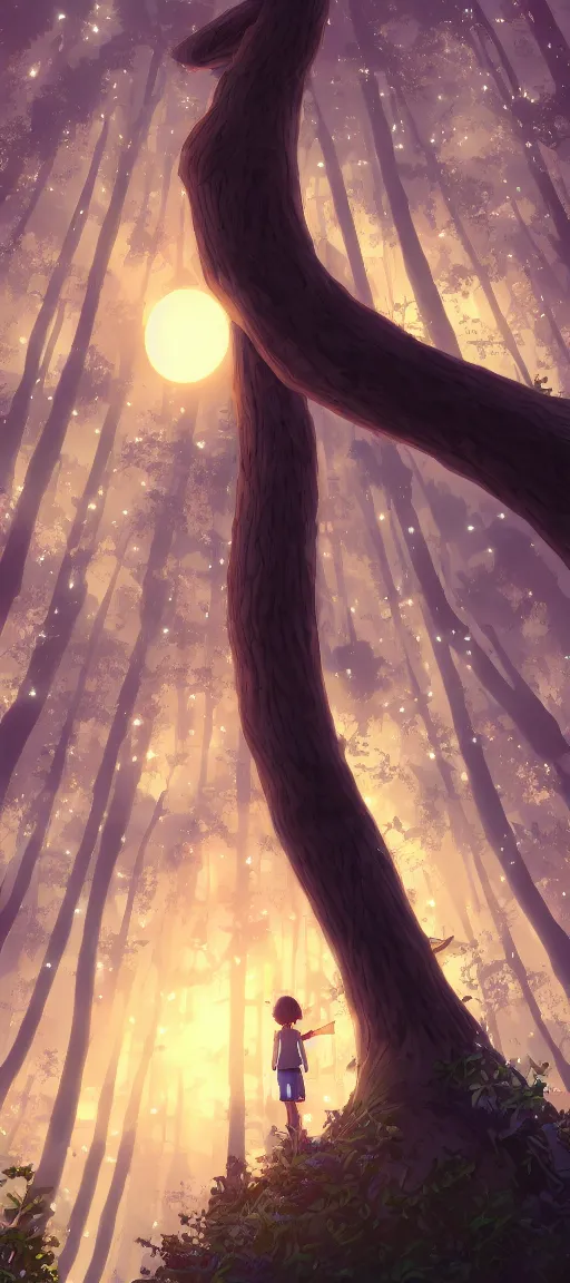 Prompt: vertical panoramic anime still of a character looking up, tall trees, nighttime with fireflies, young character, trending on artstation, digital art