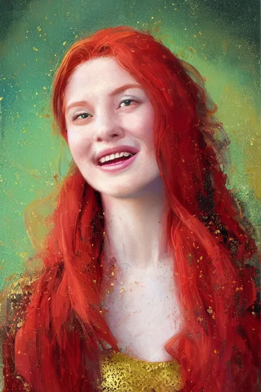 Prompt: Highly detailed portrait painting of a beautiful young woman with red hair, smiling by Craig Mullins and Ross Tran, Green dress, Golden Background, Fabric texture, Golden thread, intricate patterns, Trending on artstation, pinterest, cgsociety, 4k, 8k, HDR, award winning, unreal engine